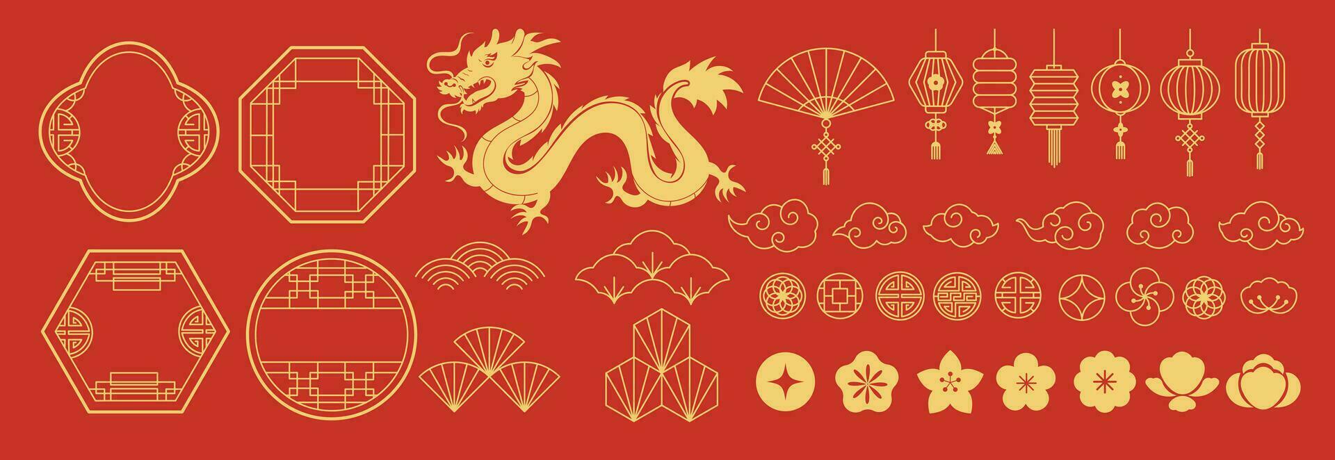 chinês Novo ano ícones vetor definir. chinês papel lanterna, Dragão, fã, nuvem, moeda, flor isolado ícones do ásia lunar Novo ano feriado decoração vetor. oriental cultura tradição ilustração.