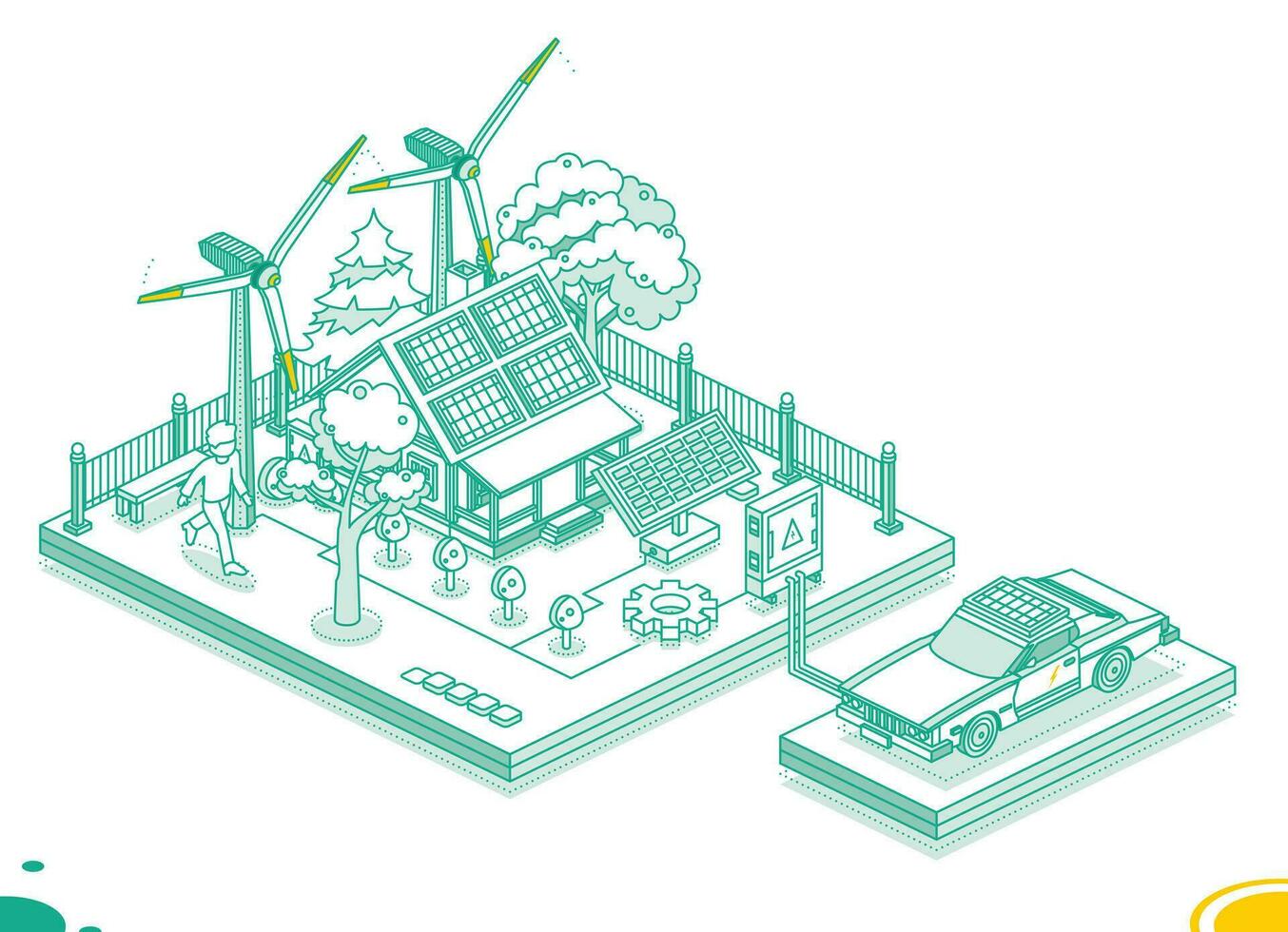 isométrico inteligente casa com elétrico carro, solar painéis, vento turbina e elétrico transformador. geração do verde energia. sustentável renovável estilo de vida. verde energia indústria. vetor