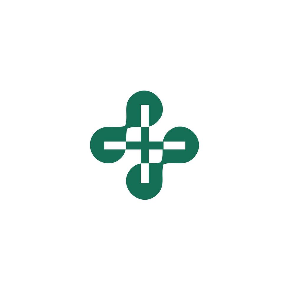 médico logotipo. moderno cuidados de saúde símbolo farmacia ícone. verde e azul movimento Cruz placa origami estilo isolado em branco fundo. plano vetor logotipo Projeto modelo elemento.