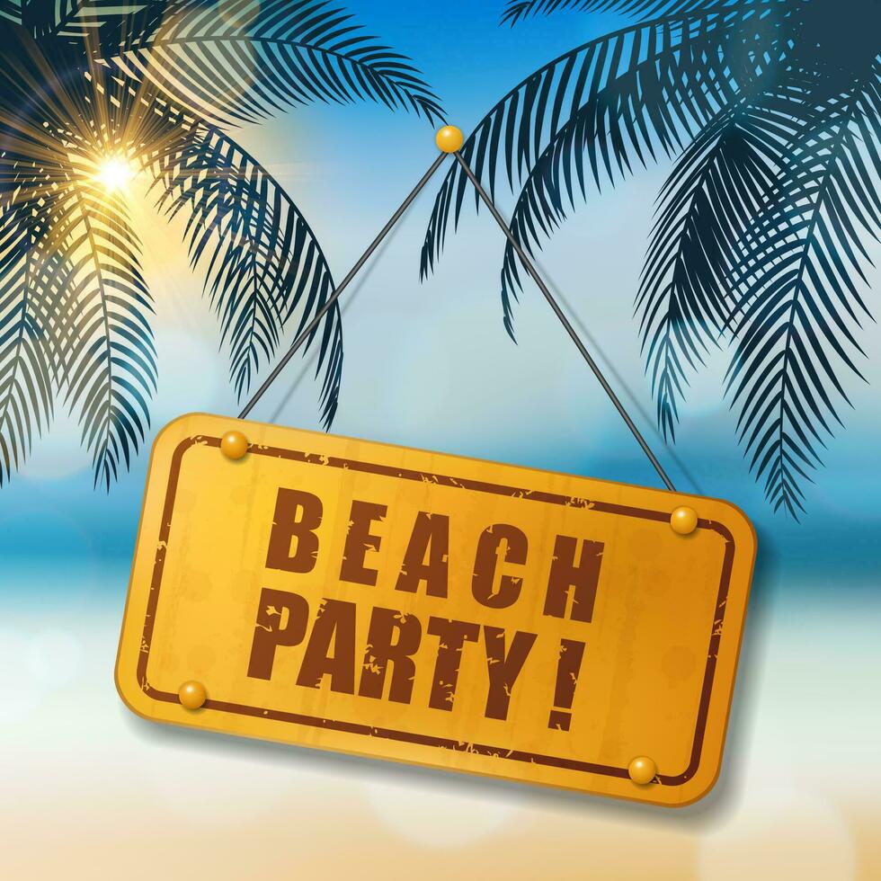 de praia festa sinal, com coco árvores às a à beira-mar, adequado para verão feriado e de praia festa, vetor ilustração