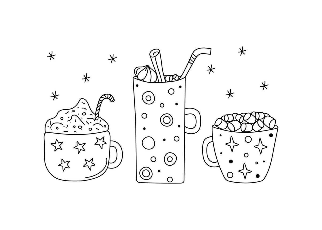 uma conjunto do copos e caneca com sobremesas. desenhos, rabiscos. café, chá dentro uma xícara, doces. nós preparar uma delicioso leite de cacau sobremesa dentro canecas, derramar marshmallows.. vetor