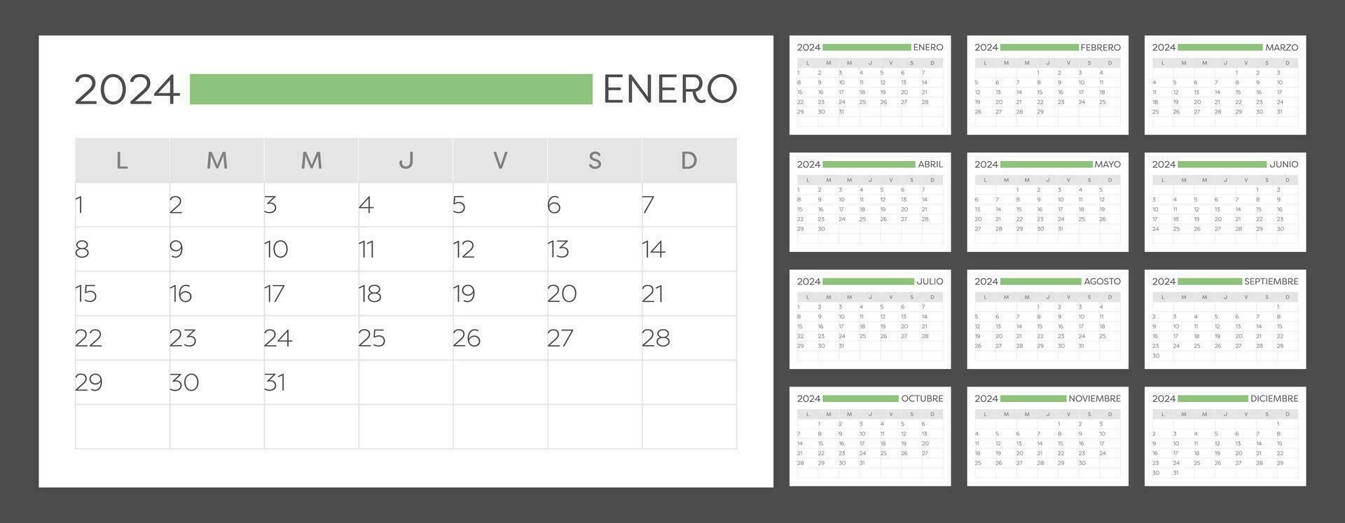 2024 espanhol calendário. vertical calendário. a semana começa em segunda-feira. vetor