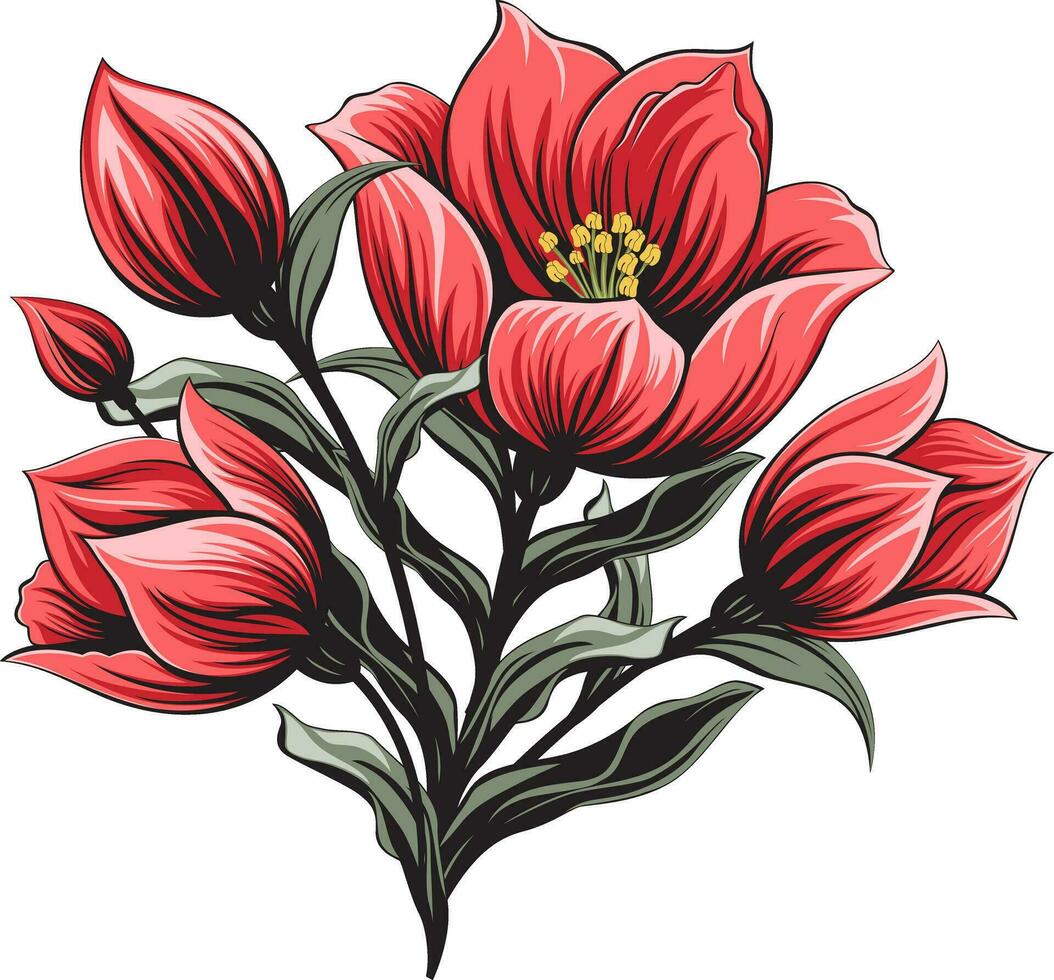 lindo ramalhete do vermelho tulipas. desenhado à mão vetor ilustração.