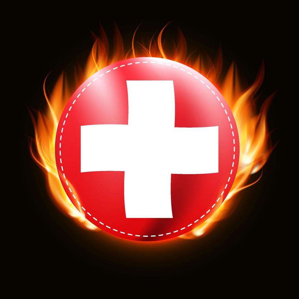 Bandeira da Suíça em fundo de fogo. emblema do país. ilustração vetorial vetor