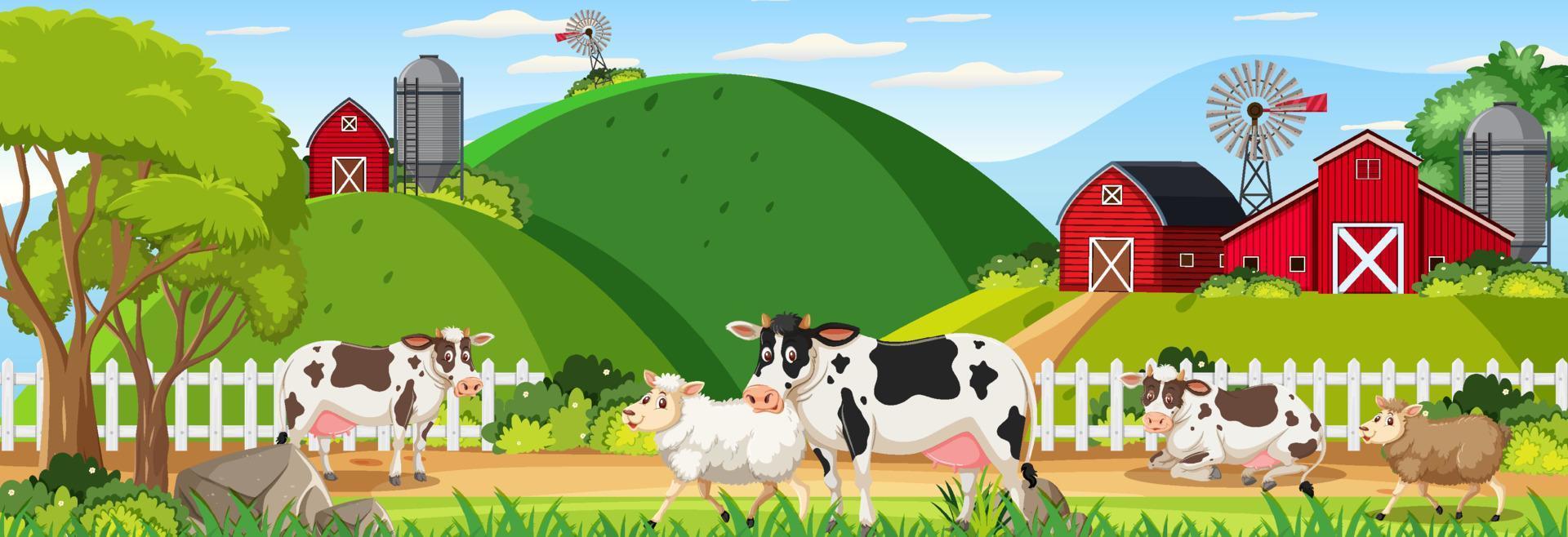 paisagem horizontal de fazenda com animais de fazenda vetor