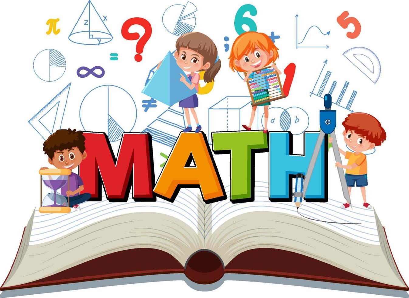 crianças aprendendo matemática com ferramentas no livro isolado vetor