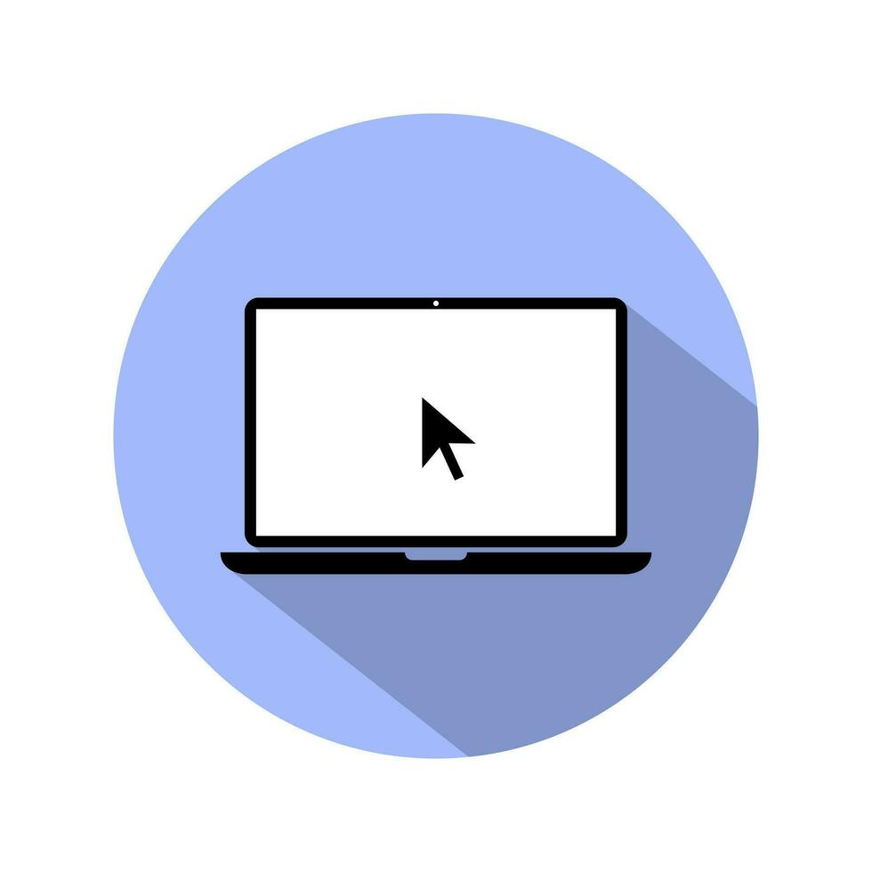 computador portátil com ponteiro cursor ícone em azul círculo fundo. caderno exibição com clicando rato. vetor ilustração