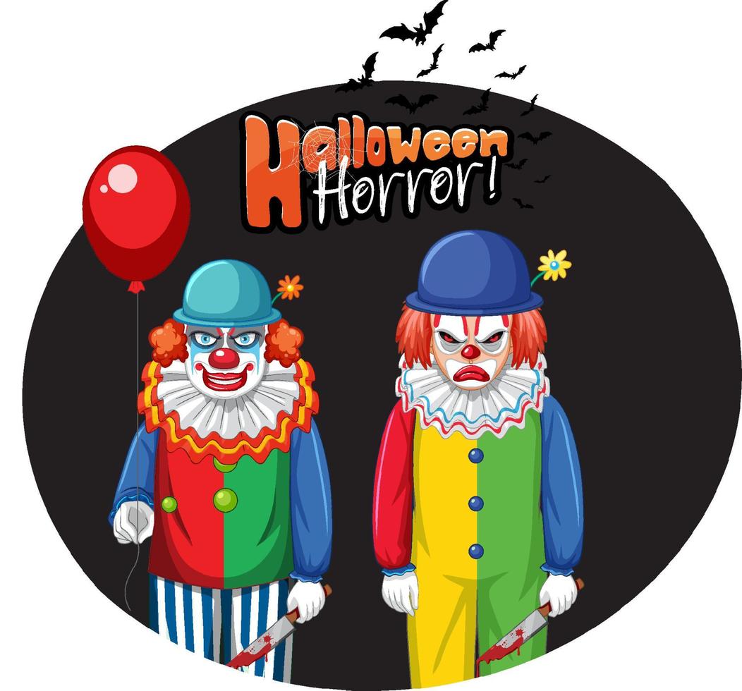 Distintivo de terror de halloween com dois palhaços assustadores vetor