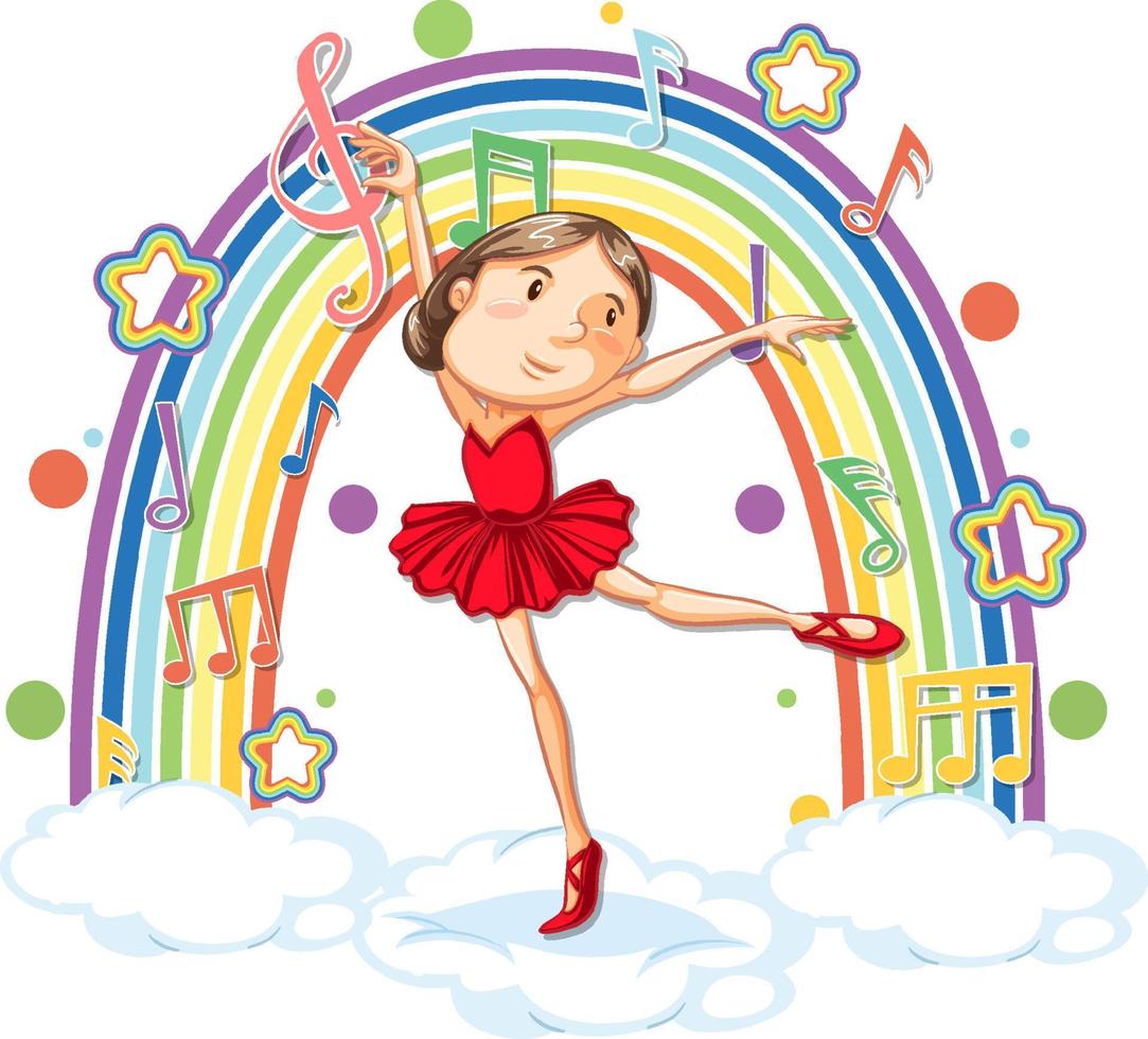 bailarina dançando na nuvem com símbolos de melodia no arco-íris vetor