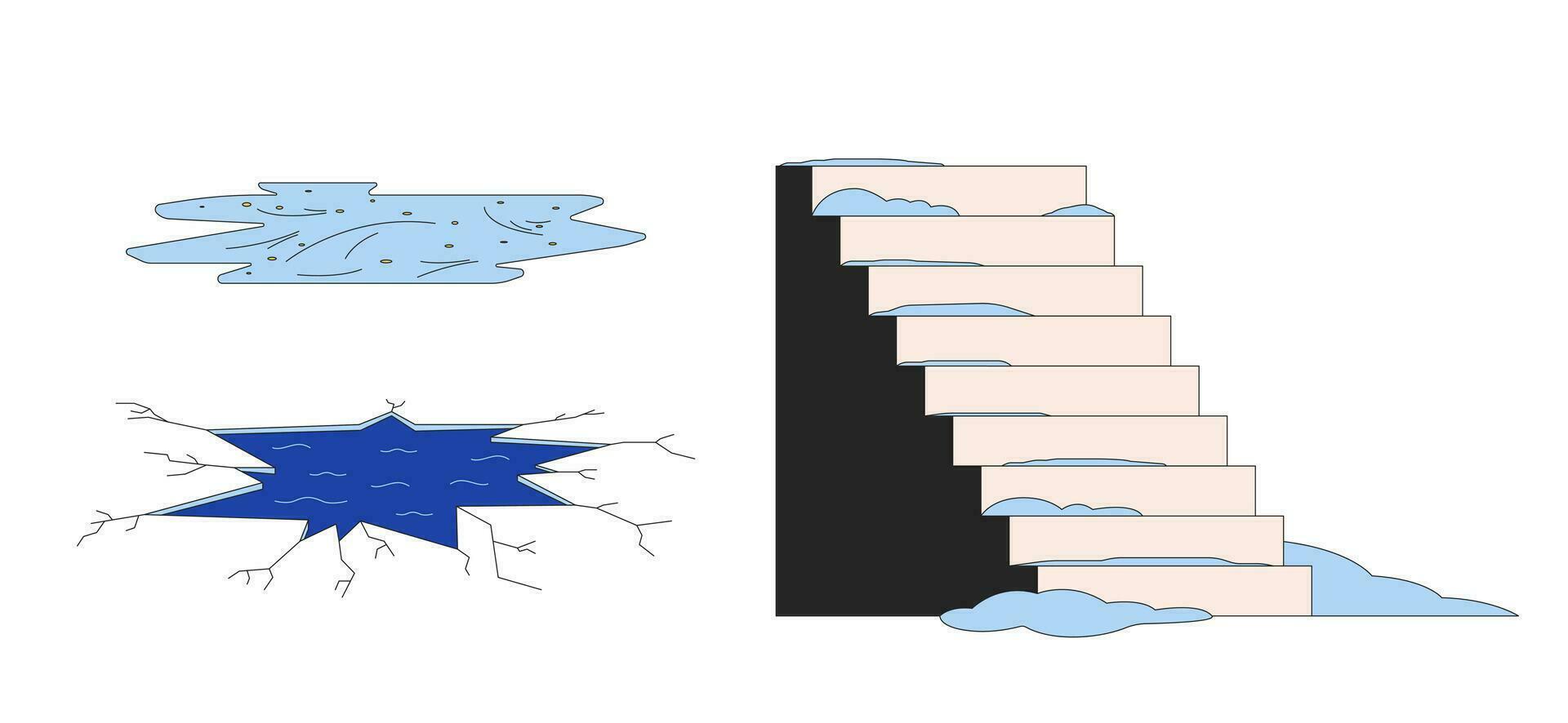 ao ar livre inverno clima perigos 2d linear desenho animado objetos definir. escorregadio escadaria, quebrado gelo buraco, congeladas poça isolado linha vetor elementos branco fundo. cor plano local ilustração coleção