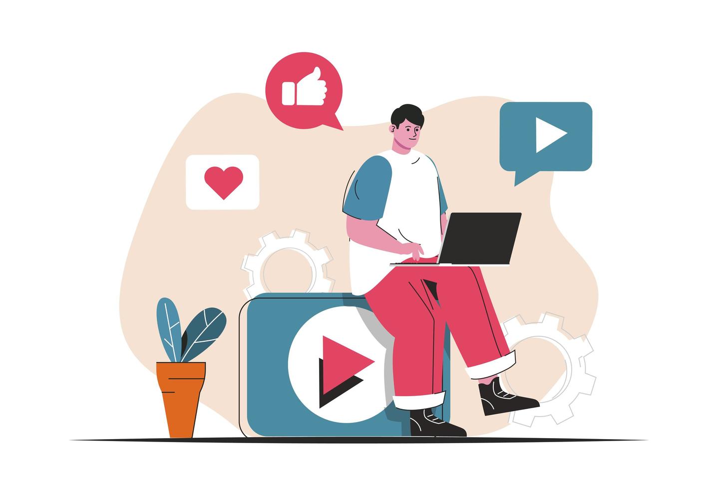 conceito de marketing de vídeo isolado. criação de conteúdo publicitário, promoção online. cena de pessoas no design plano dos desenhos animados. ilustração vetorial para blog, site, aplicativo móvel, materiais promocionais. vetor