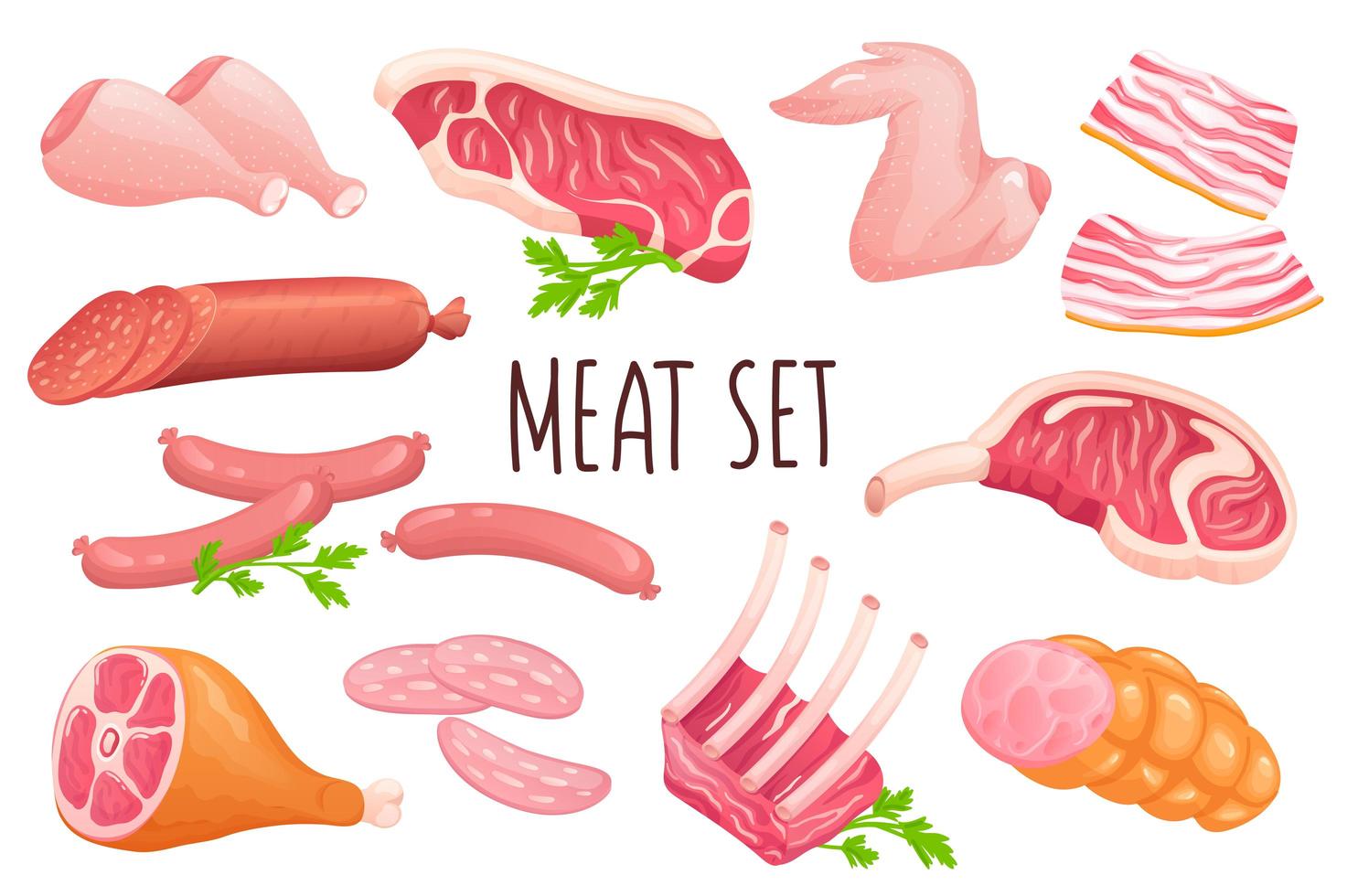 ícone de carne definido em design 3D realista. pacote de asas e pernas de frango, bife, costela, bacon, presunto, salsichas e outros. coleção de produtos de açougue. ilustração vetorial isolada no fundo branco vetor