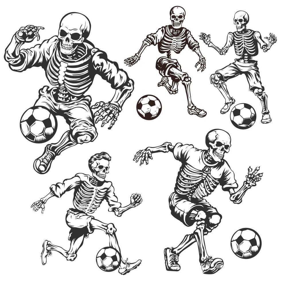 retro esqueleto crânio jogando futebol futebol conjunto vetor ilustração