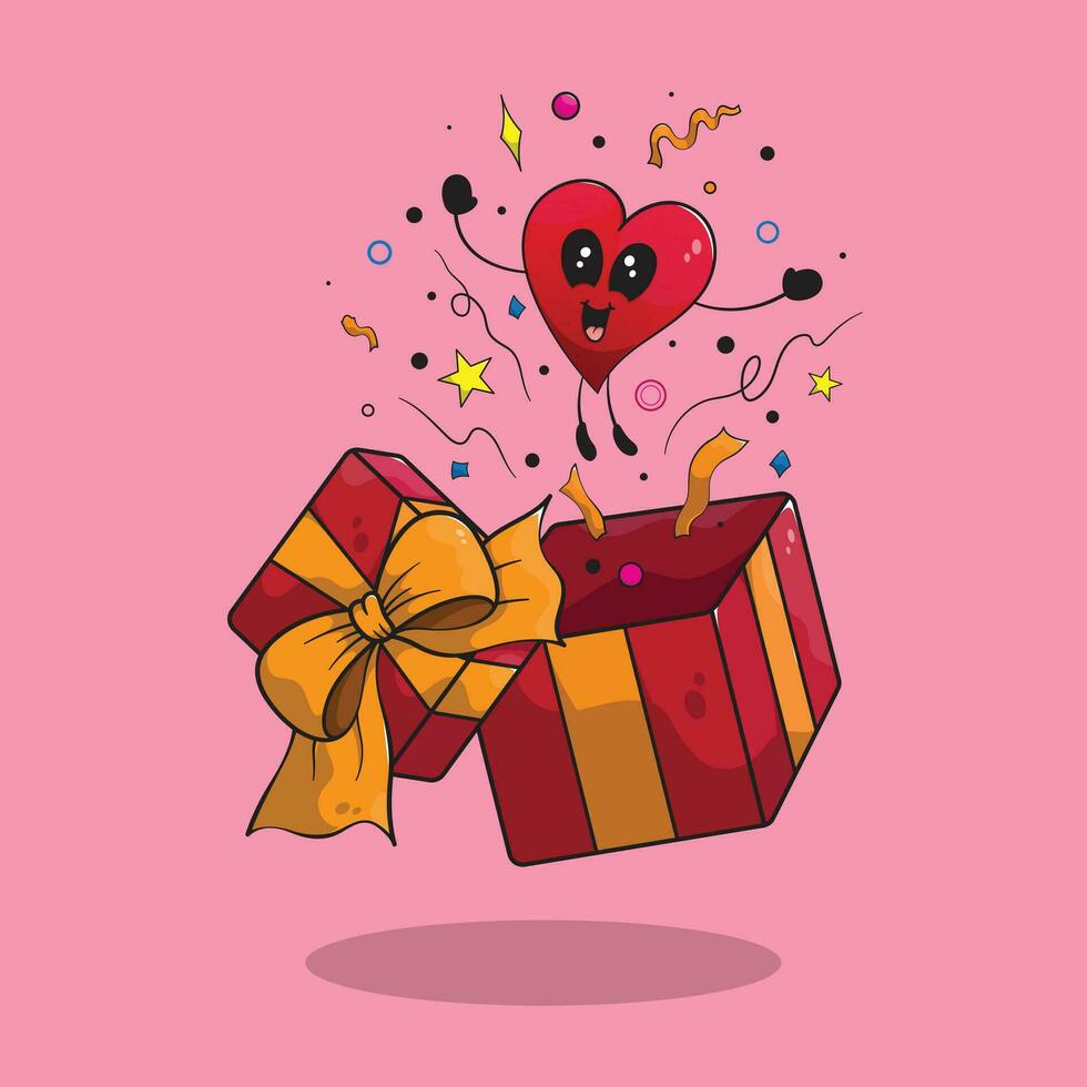 kawaii desenho animado adorável coração personagem pega Fora a partir de uma gigante presente caixa com colorida confete celebração. vetor