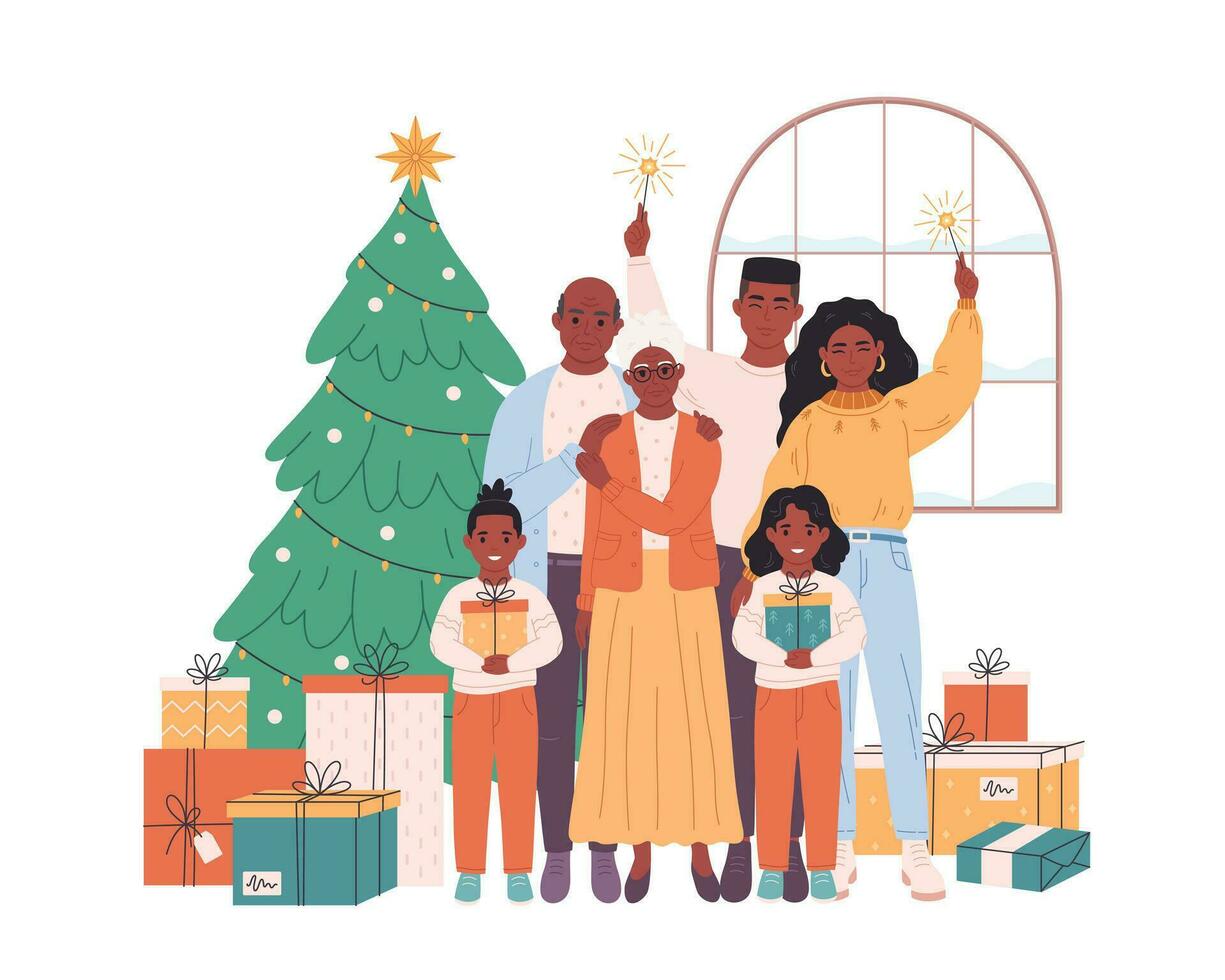 família com crianças e avós a comemorar Natal ou Novo ano. Natal árvore com apresenta. vetor