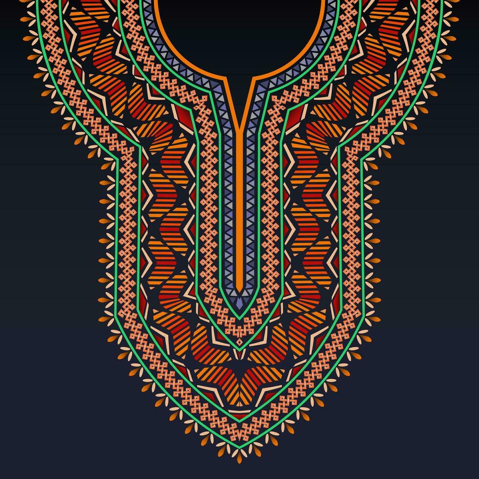 simétrico decote padronizar para Dashiki camisa com céltico motivos e colorida geométrico formas em a Sombrio azul fundo vetor