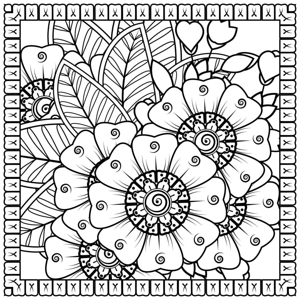 contorno padrão de flor quadrada no estilo mehndi para página de livro de colorir vetor