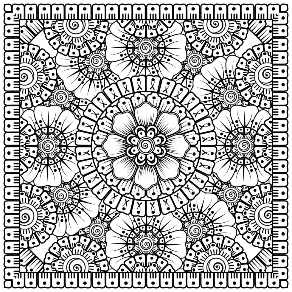 contorno padrão de flor quadrada no estilo mehndi para página de livro de colorir vetor