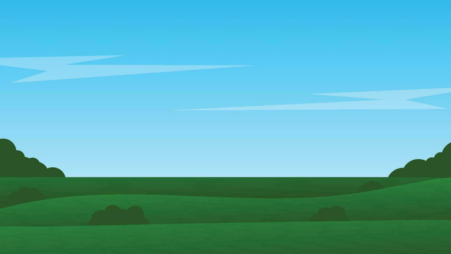 cena dos desenhos animados da paisagem com campo verde e nuvem branca no fundo do céu azul de verão vetor
