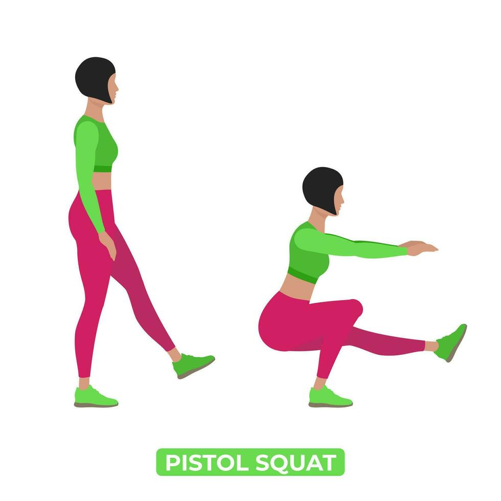 vetor mulher fazendo pistola agachamento. 1 perna agachamento. peso corporal ginástica pernas exercite-se exercício. a educacional ilustração em uma branco fundo.