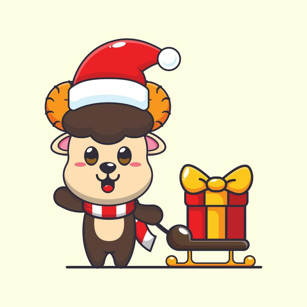 fofa RAM ovelha carregando Natal presente caixa. fofa Natal desenho animado personagem ilustração. vetor