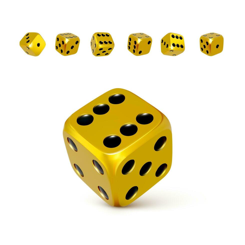 dados. conjunto do 3d dourado ou amarelo dados com Preto pontos. jogar cassino e ganhar jackpot. vetor ilustração