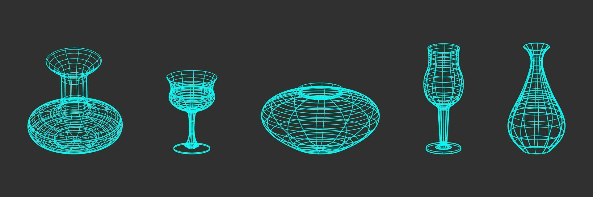 conjunto do flautas, óculos e vasos fez do fio quadro, Armação formas. na moda turquesa cor em Sombrio fundo linear retro Projeto elementos. 3d. ano 2000 . vetor ilustração para social meios de comunicação ou cartazes.