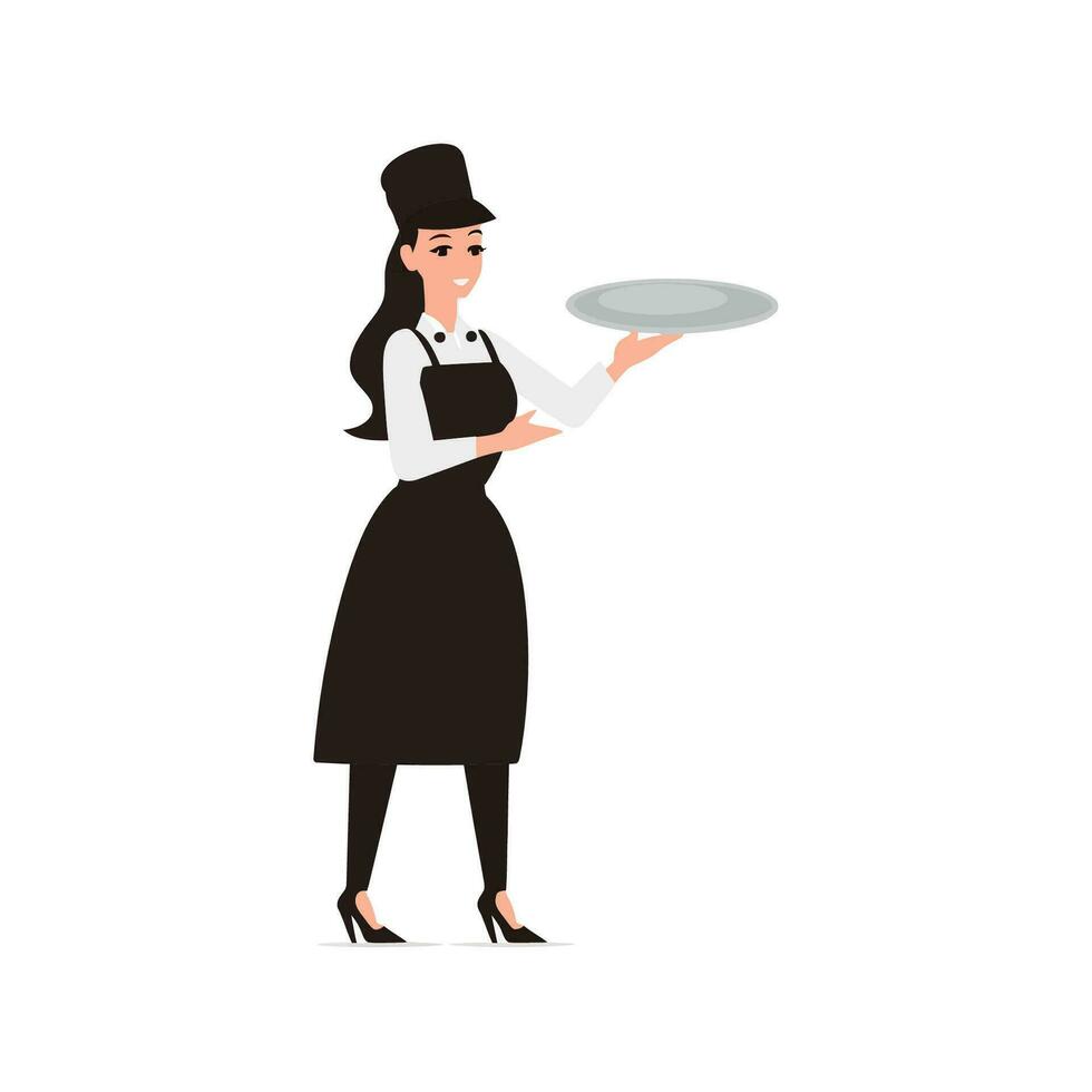 jovem feliz morena chefe de cozinha dentro uniforme detém uma prato. vetor ilustração Projeto.