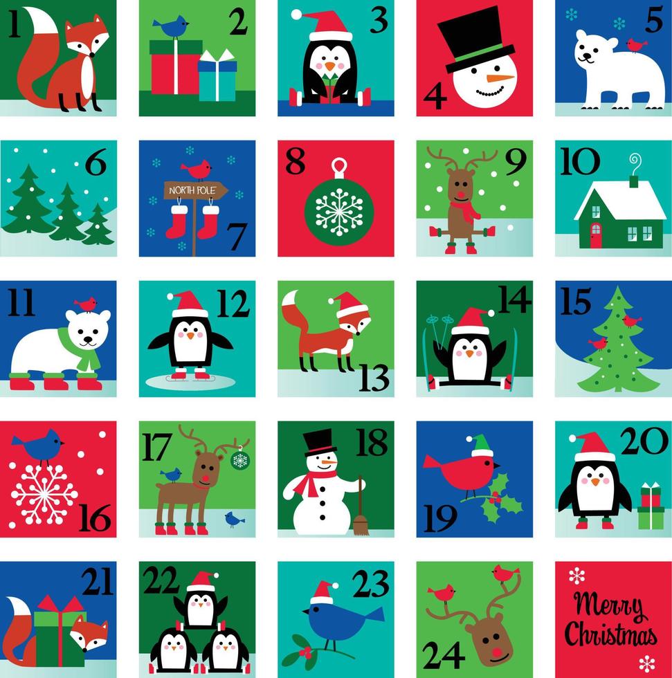 calendário do advento do natal com pinguim, raposa, ursos polares vetor
