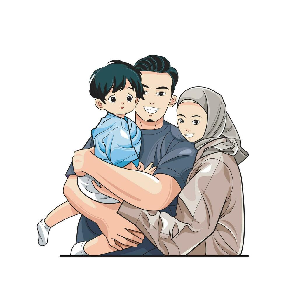família dia. representação do feliz muçulmano pais posando com seus pequeno filho. vetor ilustração
