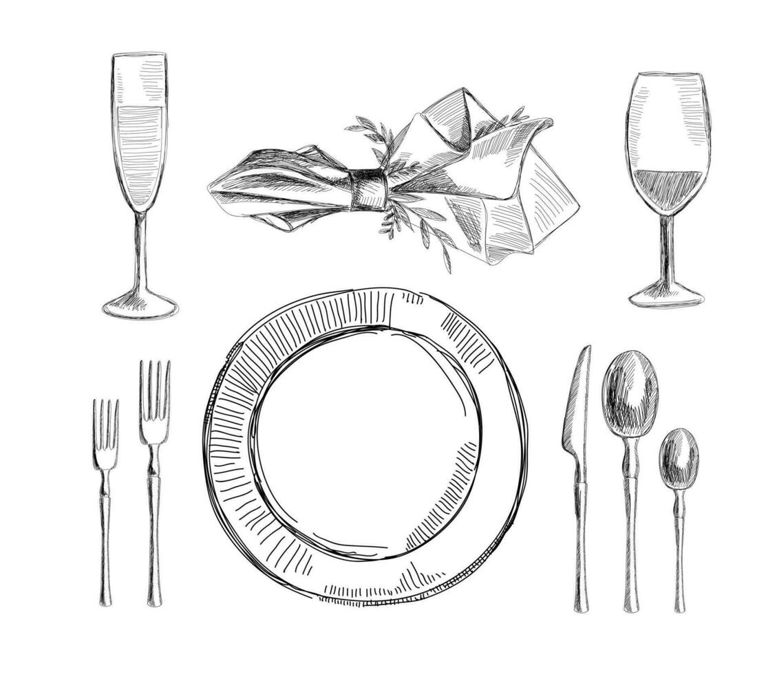 uma conjunto do pratos para a Casamento mesa. Preto e branco esboço. vetor