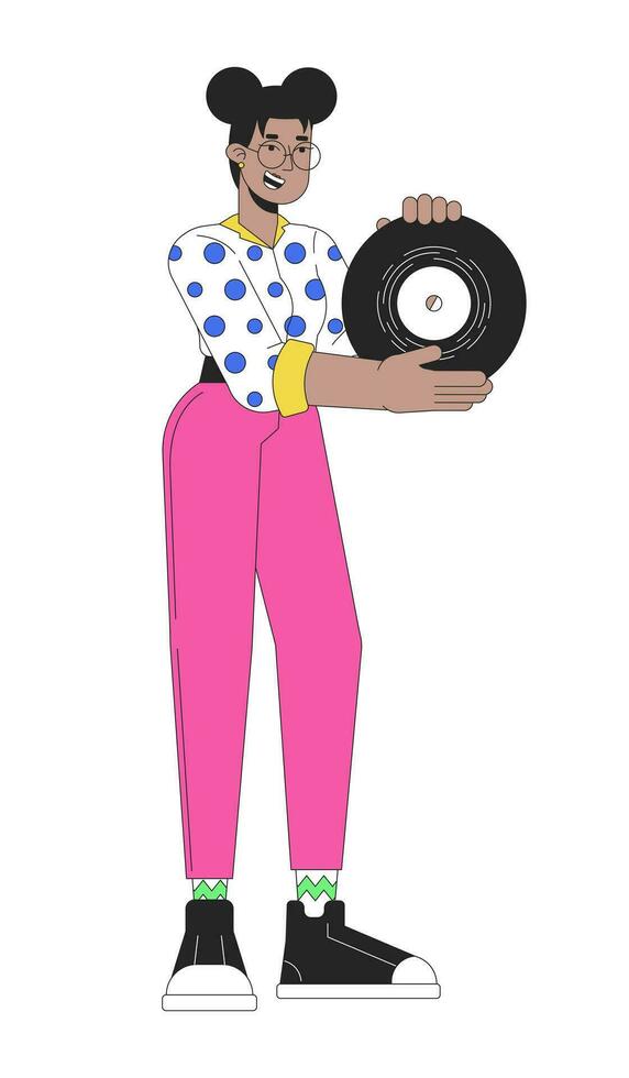 africano americano menina segurando vinil registro 2d linear desenho animado personagem. gen z Preto mulher desfrutando retro música isolado linha vetor pessoa branco fundo. nostalgia cor plano local ilustração