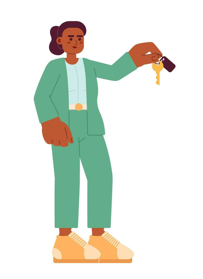 africano americano o negócio mulher terno dando chave 2d desenho animado personagem. Preto fêmea profissional isolado vetor pessoa branco fundo. comercial propriedade Gerente cor plano local ilustração