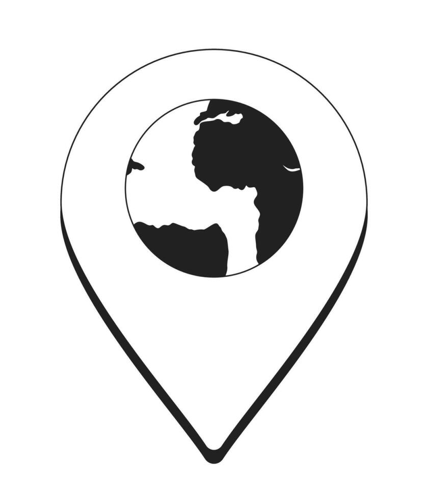 planeta terra localização identificar Preto e branco 2d desenho animado objeto. descobrindo viajando PIN isolado vetor esboço item. mundo mapa exploração. direção monocromático plano local ilustração