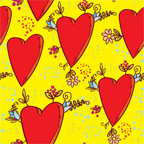 Padrão sem emenda com corações e flores com um esboço de gráficos de estilo doodle vetor