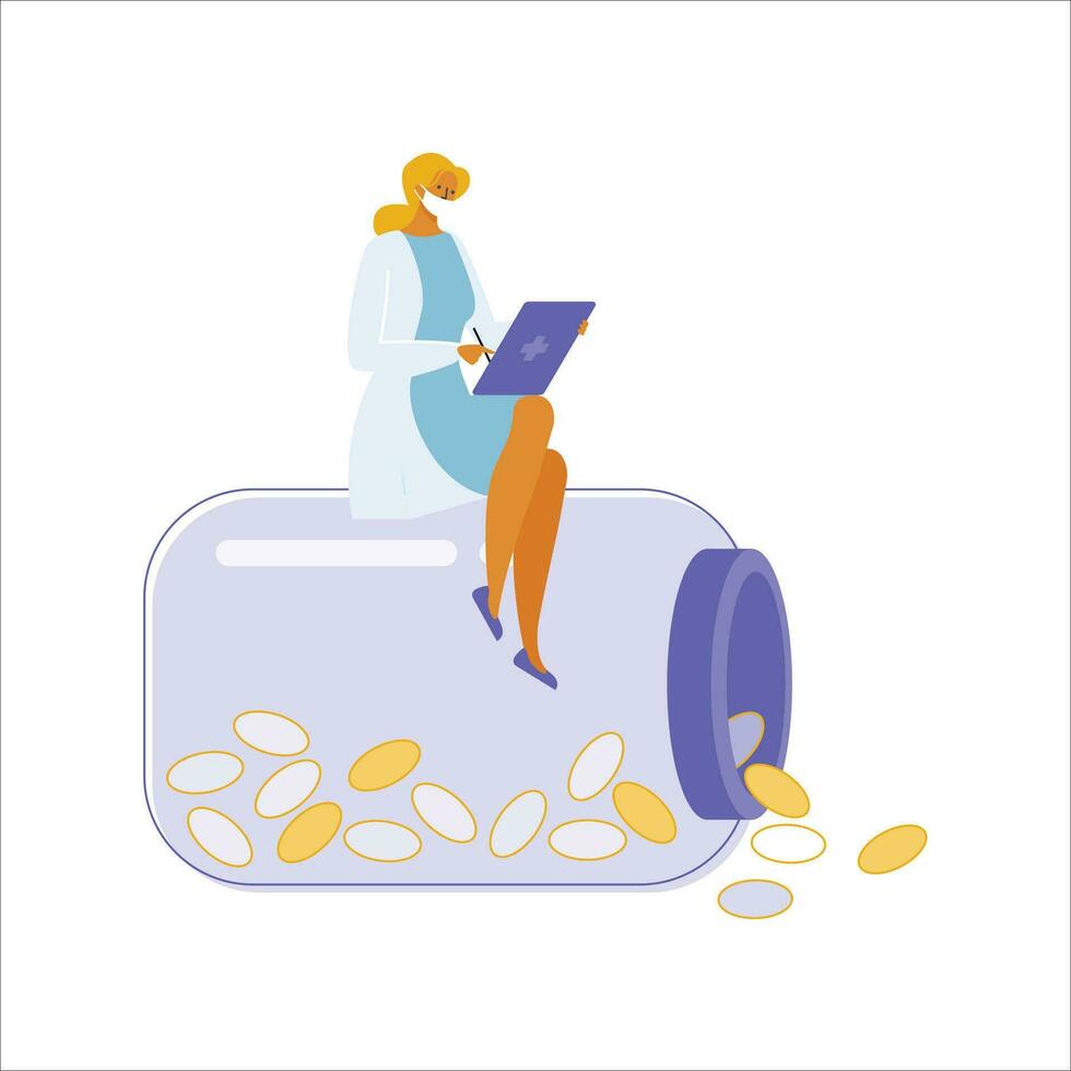 vetor ilustração do uma mulher com uma computador portátil sentado em uma jarra cheio do moedas.
