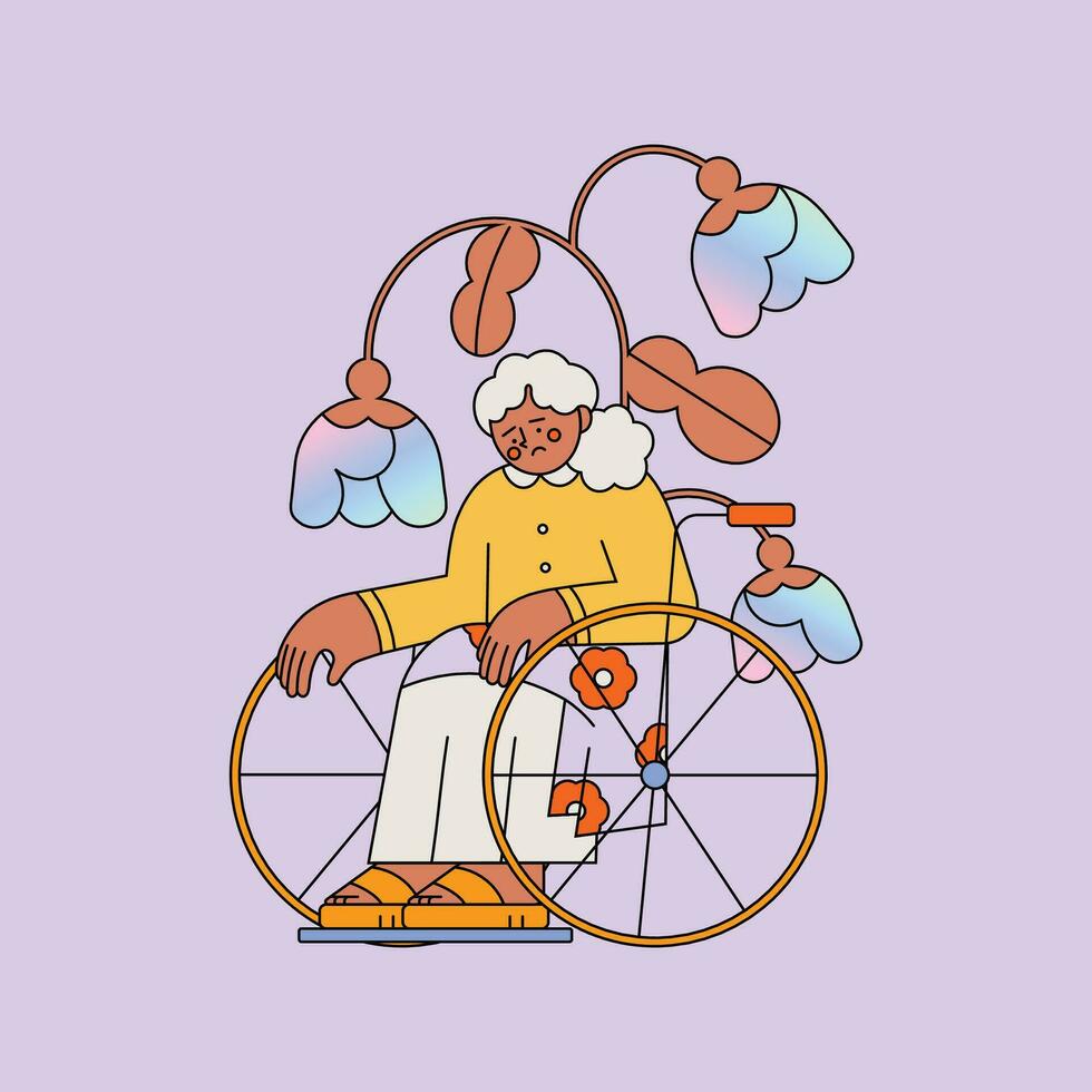 idosos mulher com uma roda do uma bicicleta. vetor ilustração