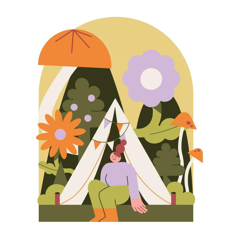 vetor ilustração do uma menina sentado dentro uma barraca dentro a floresta.