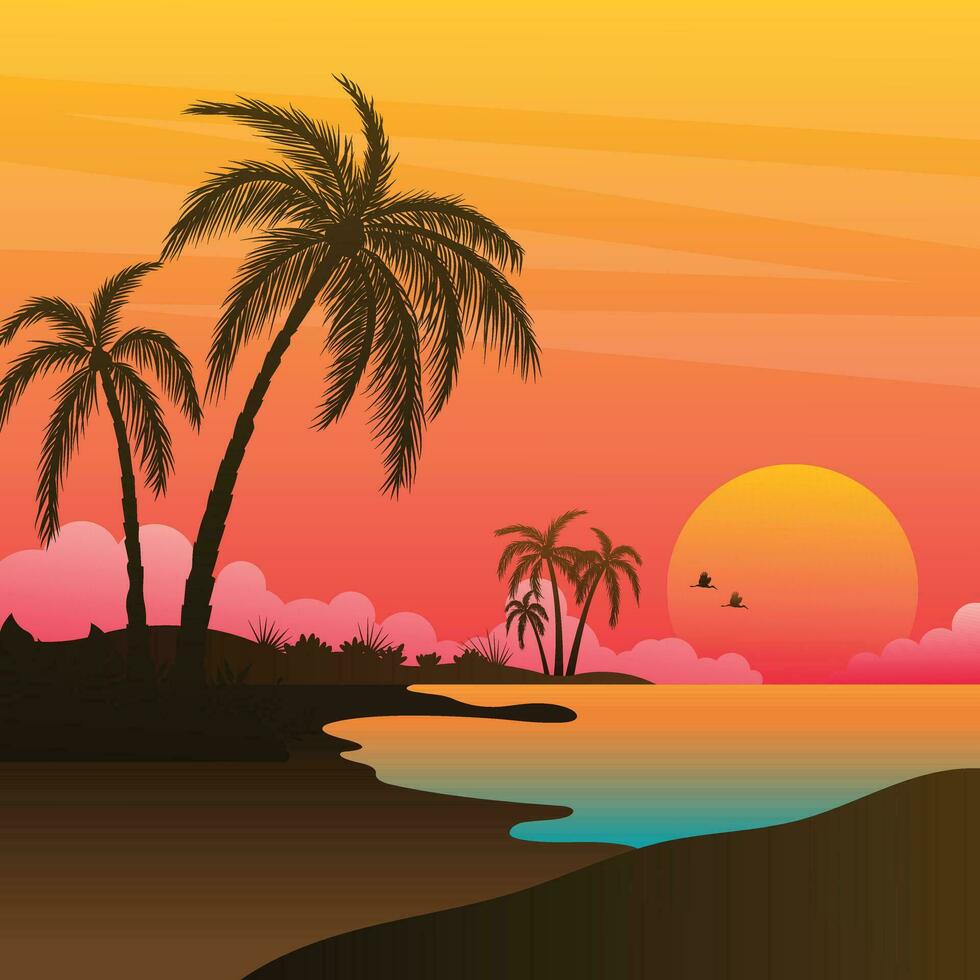 gradiente de praia pôr do sol panorama com Palma árvore fundo vetor
