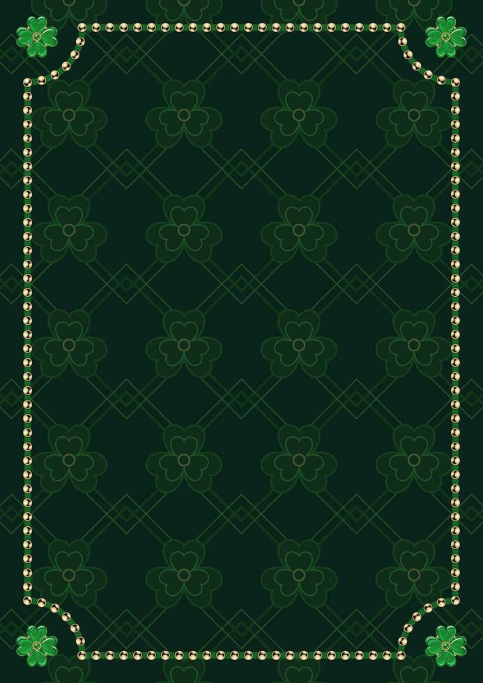 st patricks dia vertical retangular quadro, Armação com brilhante ouro miçangas, por sorte quatro folhas trevos dentro a cantos. fino geométrico enfeite em Sombrio fundo. modelo para cardápio, poster, convite vetor