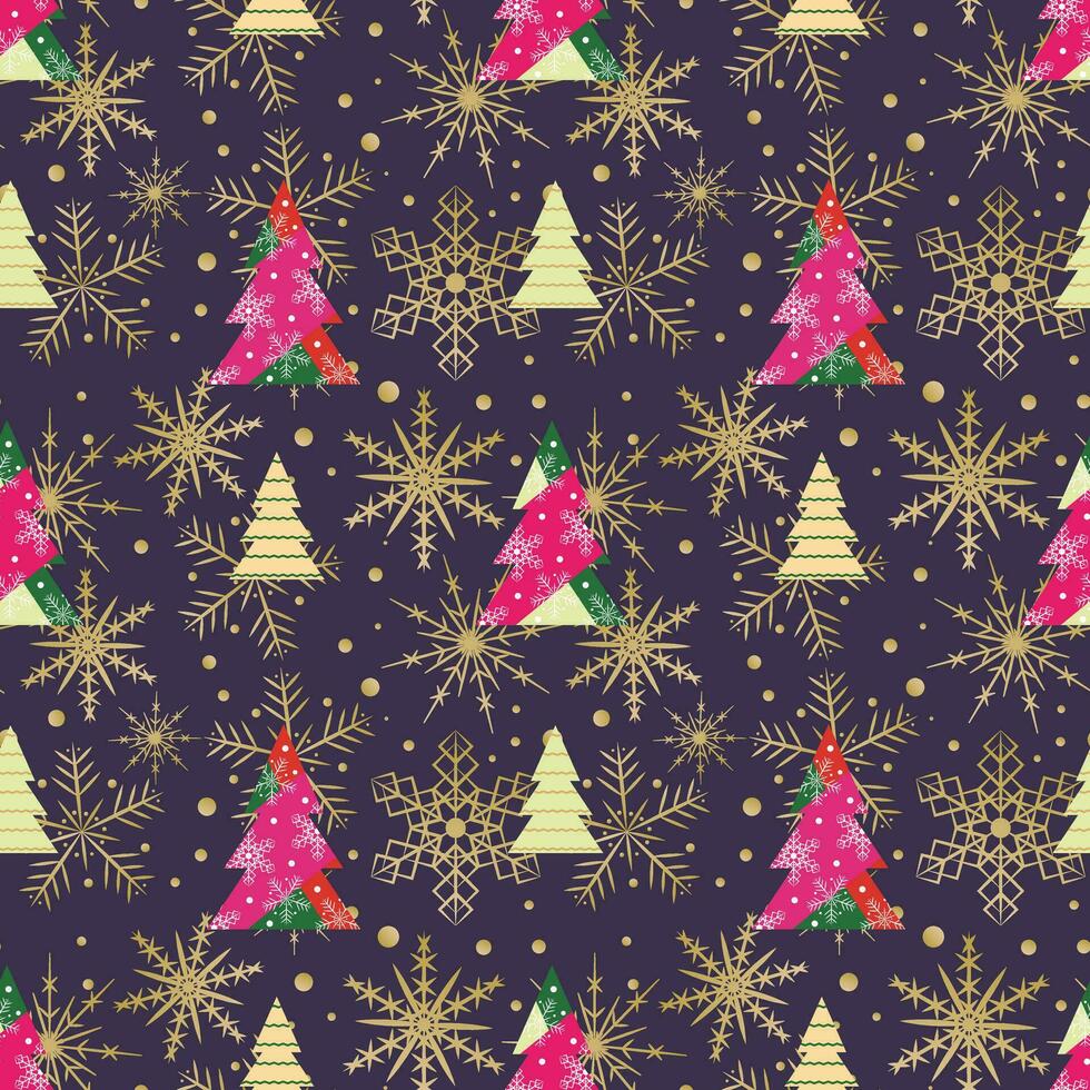 desatado Natal padronizar com geométrico árvores e dourado flocos de neve em roxa fundo vetor