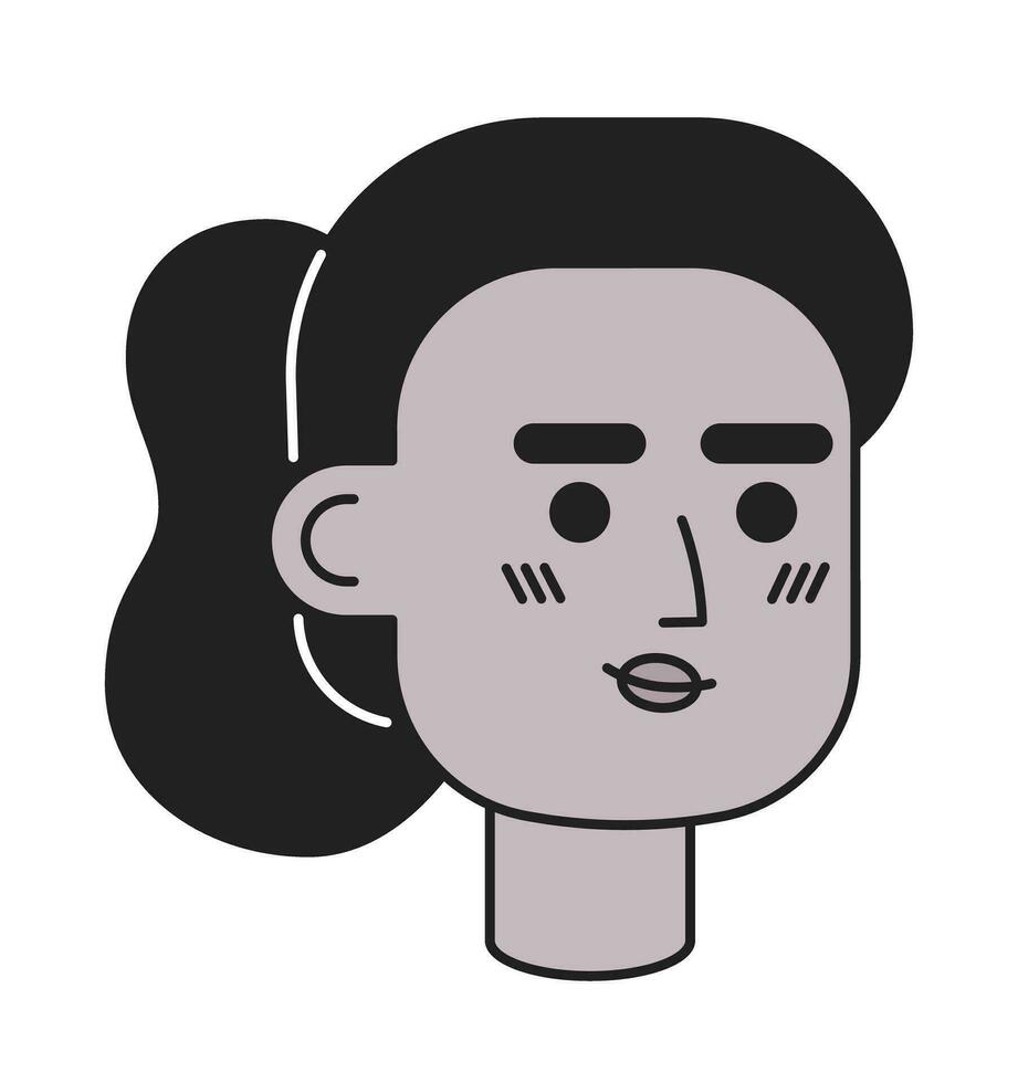 tímido atraente fêmea africano americano Preto e branco 2d vetor avatar ilustração. lindo mulher Preto esboço desenho animado personagem face isolado. rabo de cavalo senhora plano do utilizador perfil imagem, retrato