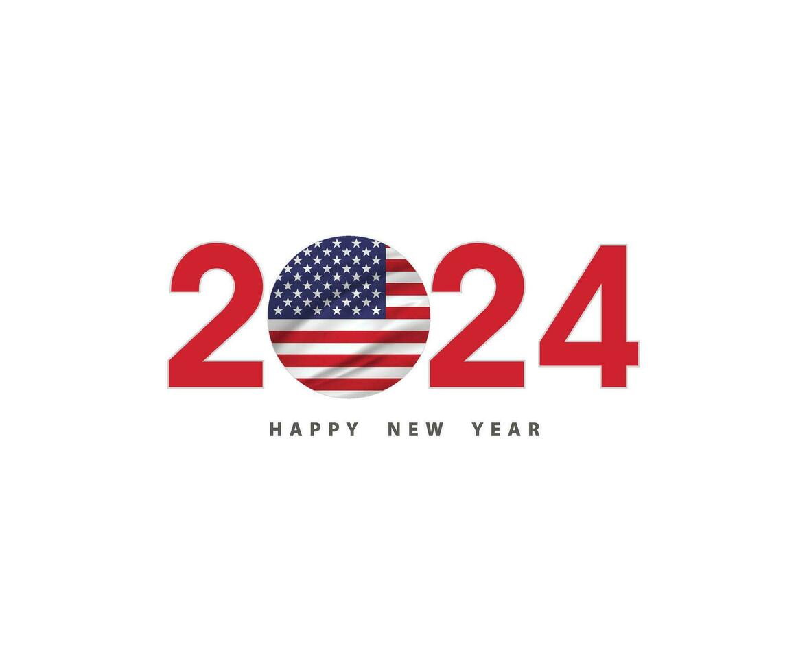 a Novo ano 2024 com a americano bandeira e símbolo, 2024 feliz Novo ano EUA logotipo texto projeto, isto pode usar a calendário, desejo cartão, poster, bandeira, impressão e digital meios de comunicação, etc. vetor ilustração