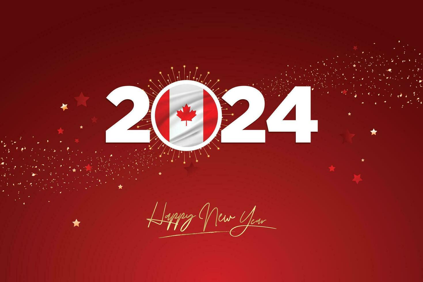 colorida feliz Novo ano festival Projeto bandeira, Novo ano 2024 logotipo com canadense bandeira em vermelho-marrom confete e Estrela fundo, calendário 2024, social meios de comunicação Novo ano bandeira, postar cartão, saudações vetor