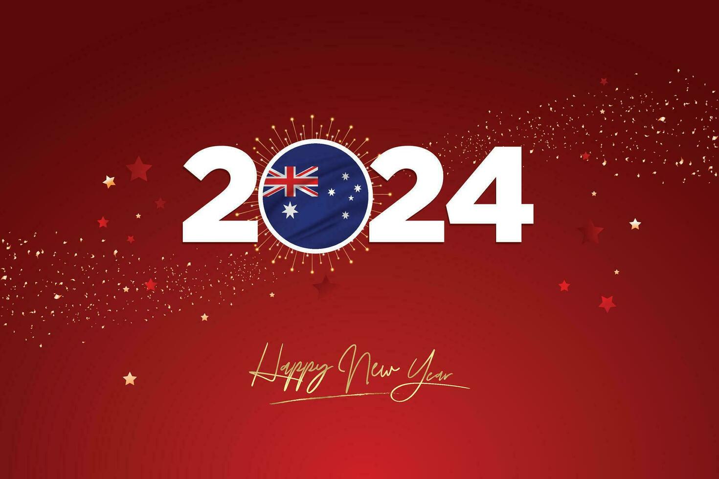 colorida feliz Novo ano festival Projeto bandeira, Novo ano 2024 logotipo com sul australiano em vermelho-marrom confete e Estrela fundo, calendário 2024, social meios de comunicação Novo ano bandeira, postar cartão, saudações vetor