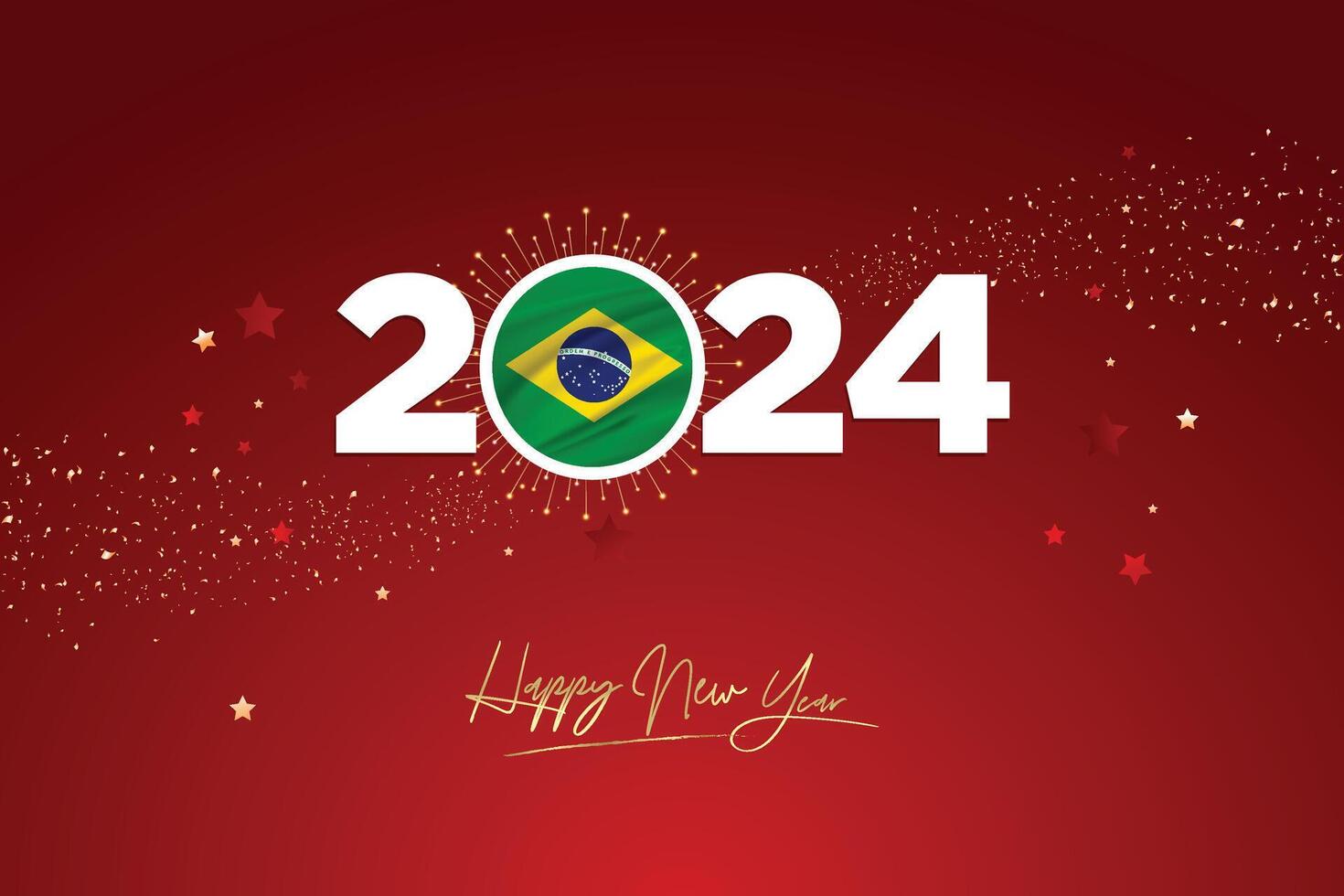 colorida feliz Novo ano festival Projeto bandeira, Novo ano 2024 logotipo com brasileiro bandeira em vermelho-marrom confete e Estrela fundo, calendário 2024, social meios de comunicação Novo ano bandeira, postar cartão, saudações vetor