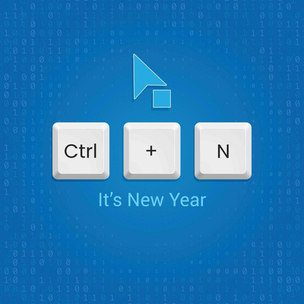 ctrl n teclado botão, rato cursor, e Novo ano texto em binário marca d'água azul fundo, Está uma corporativo social meios de comunicação Projeto conceito para a Novo ano. feliz Novo ano para todos corporativo funcionários. vetor