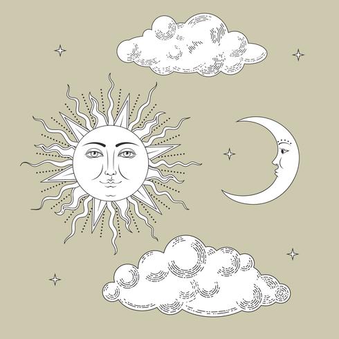 Definir coleções. Mão desenhada sol e a lua com nuvens e estrelas. Estilizado como gravura. Vetor