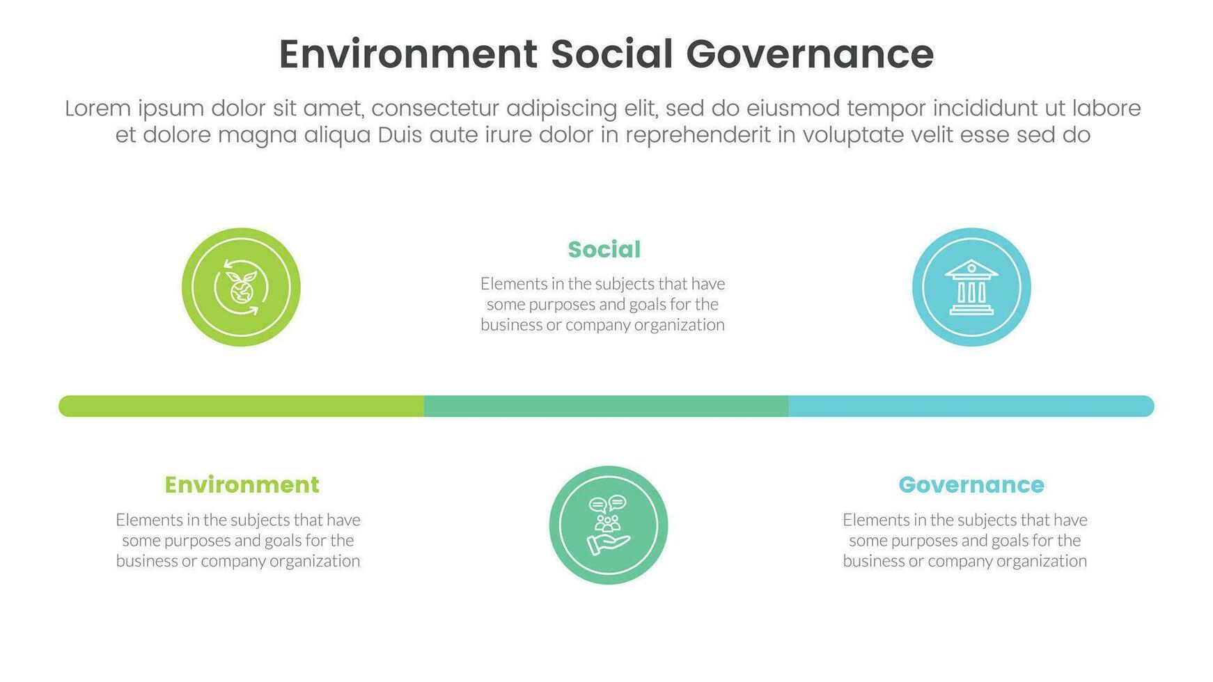 esg de Meio Ambiente social e governança infográfico 3 ponto etapa modelo com pequeno círculo Linha do tempo Saldo conceito para deslizar apresentação vetor
