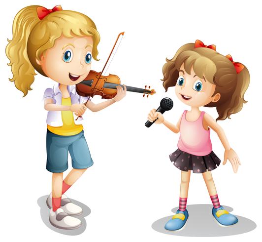 Menina, cantando, e, menina, jogando violino vetor